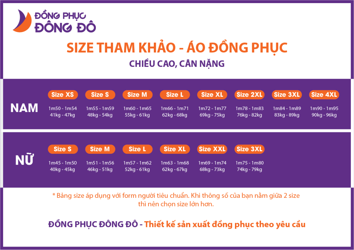 Bảng size Đồng Phục Đông Đô