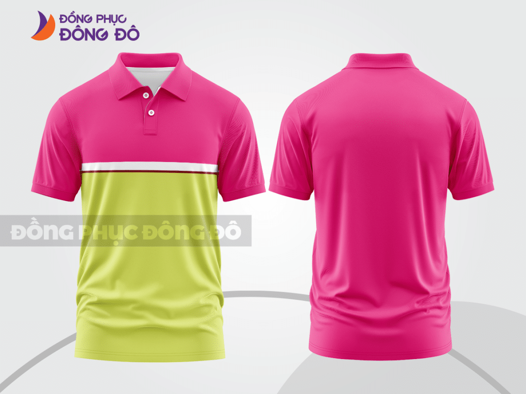 Áo polo đồng phục công ty màu hồng đậm phối xanh chuối CTPB106