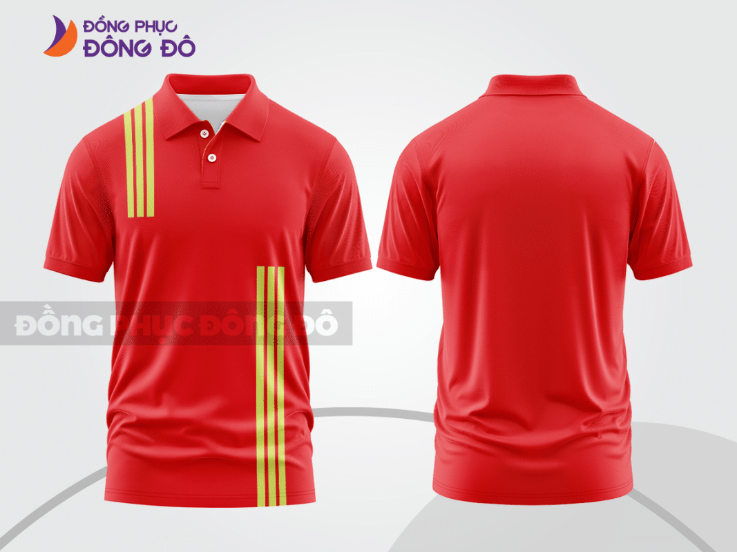 Áo polo đồng phục công ty màu đỏ tươi phối sọc vàng xanh CTPB128