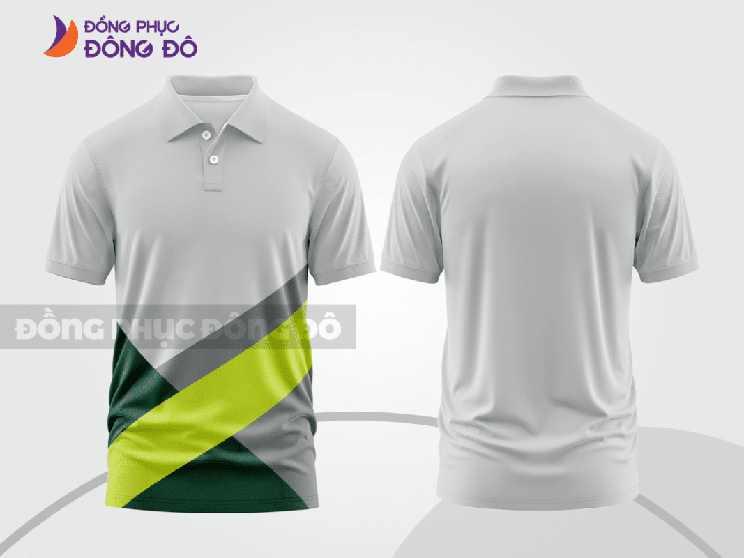Áo polo đồng phục công ty màu ghi xám phối chéo xanh lime CTPB489