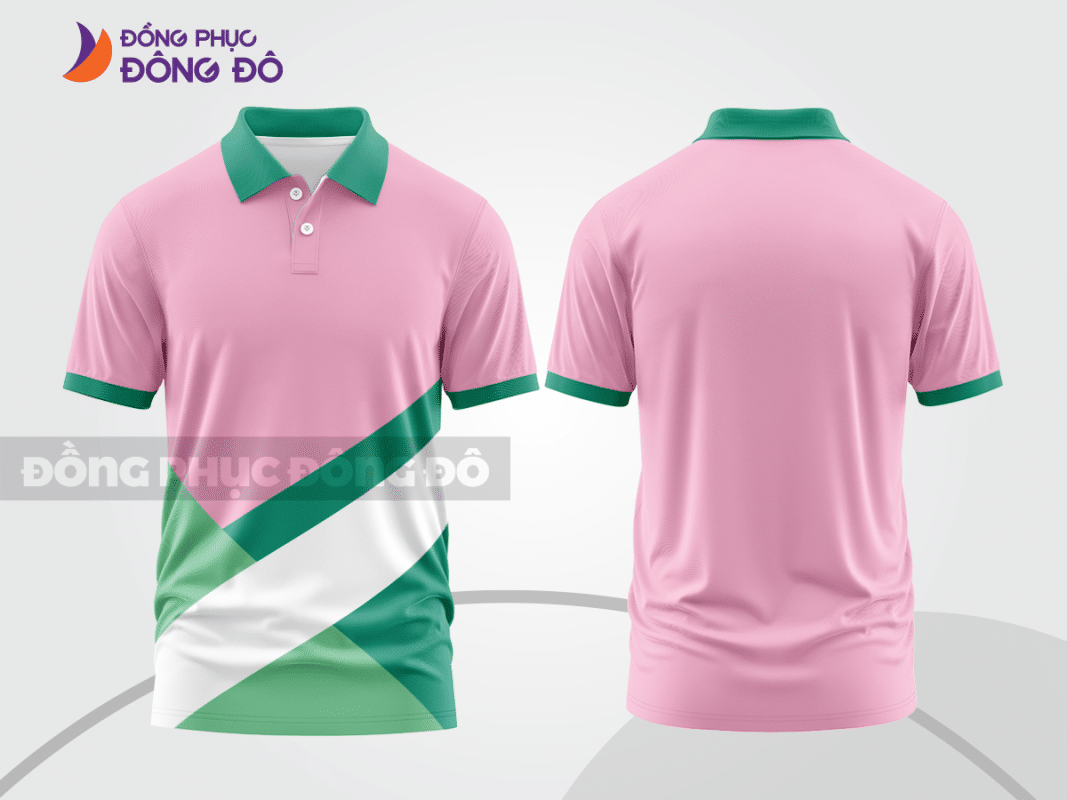 Áo polo đồng phục công ty màu hồng phối xanh lá CTPB495