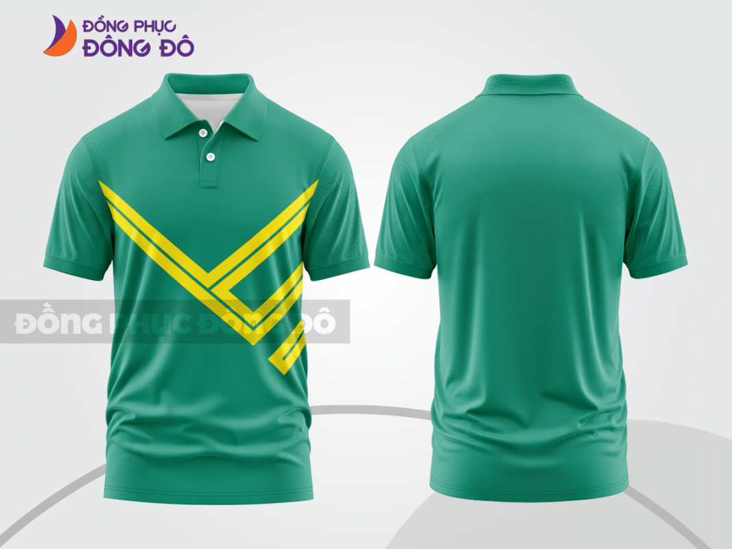 Áo polo đồng phục doanh nghiệp màu xanh ngọc họa tiết vàng