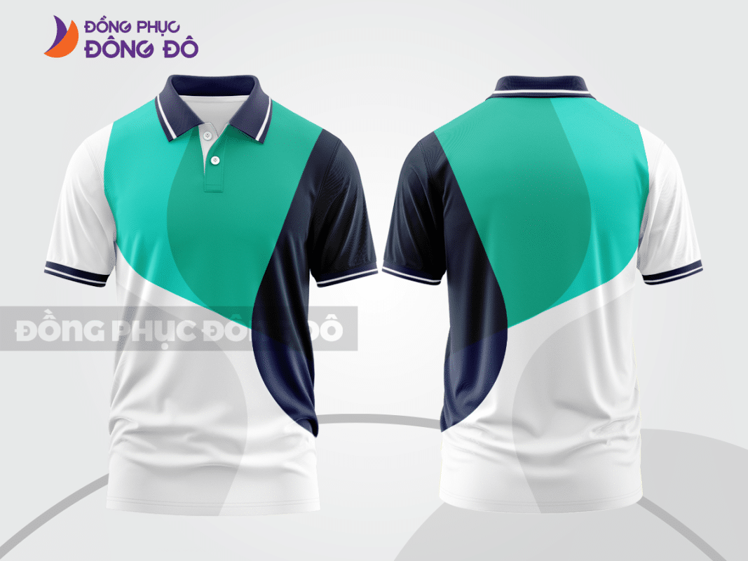 Áo polo 3D đồng phục công ty xanh ngọc phối trắng navy CTPD4024
