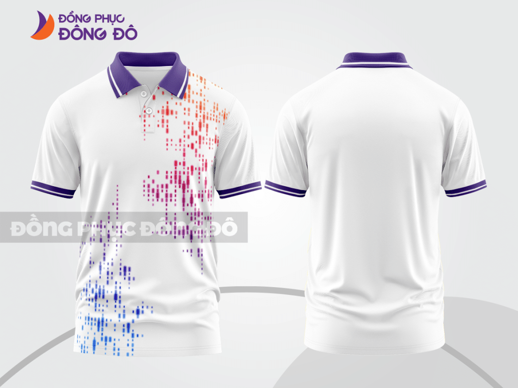 Áo polo 3D đồng phục công ty màu tím CTPD4037 nền trắng họa tiết pixel