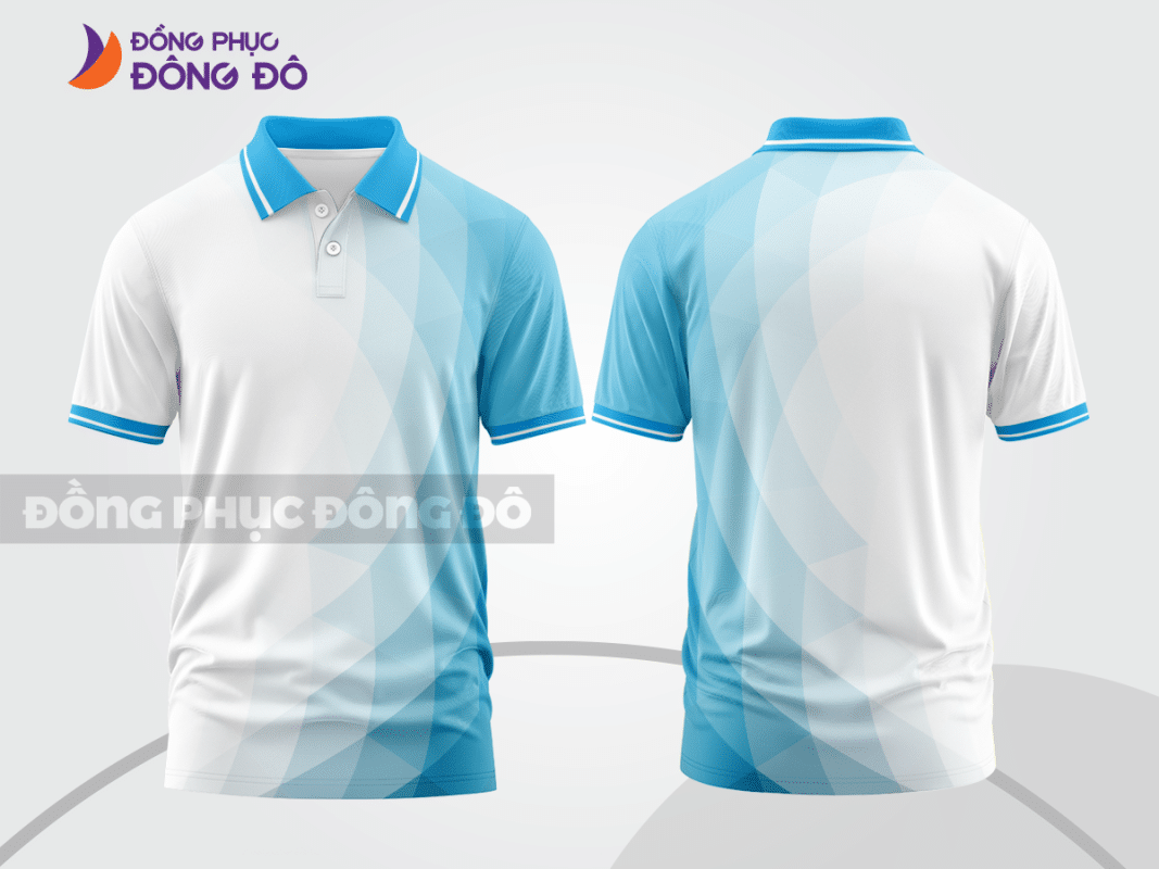 Áo polo 3D đồng phục công ty xanh da trời phối trắng