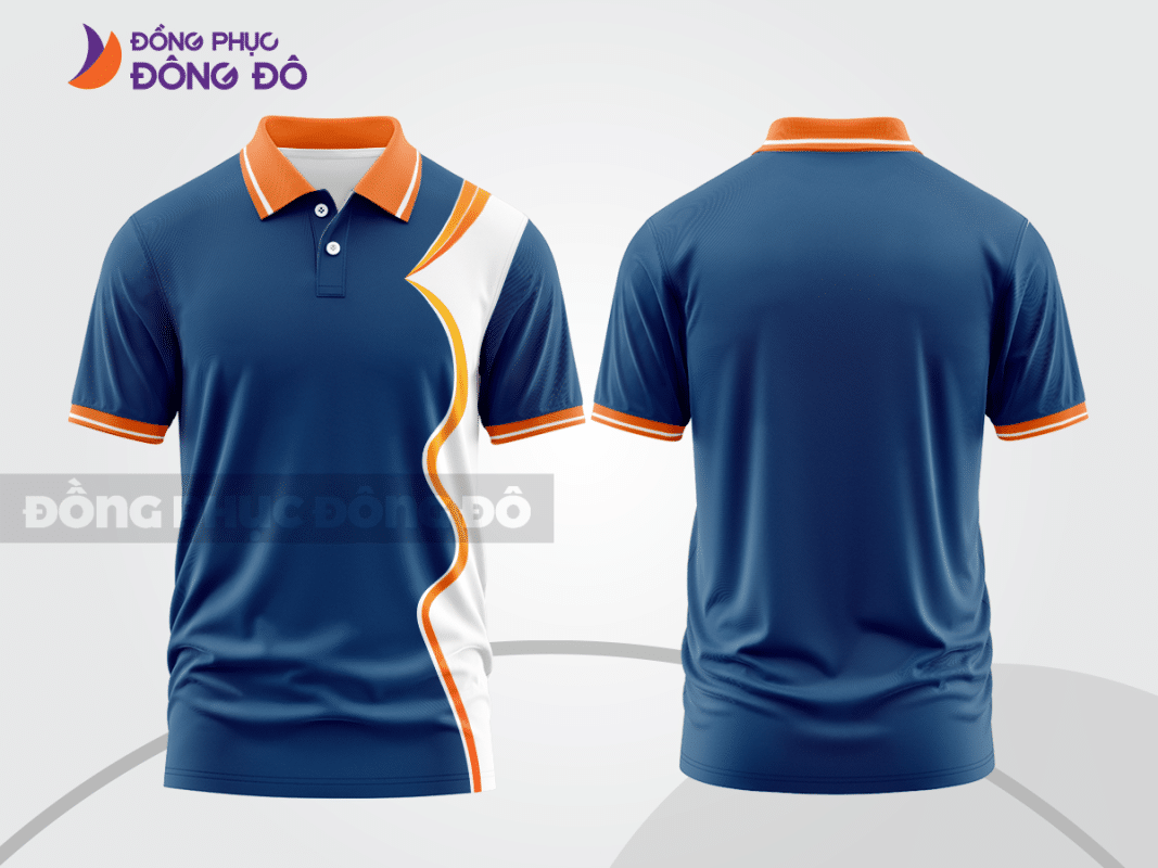 Áo polo 3D đồng phục công ty xanh tím than phối cam trắng