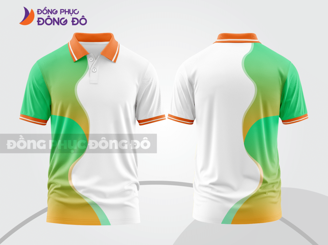 Áo polo 3D đồng phục công ty xanh nõn chuối phối cam ctpd4077
