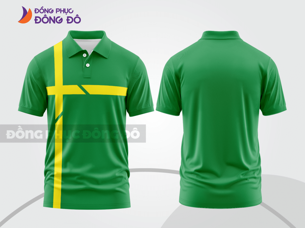 Áo polo đồng phục doanh nghiệp màu xanh lá phối sọc vàng ctpb1192