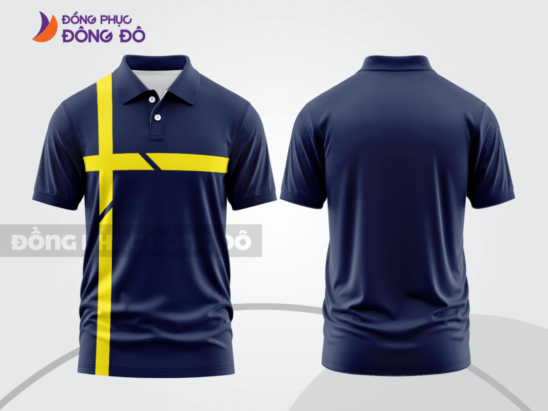 Áo polo đồng phục xanh tím than phối sọc vàng ctpb1199