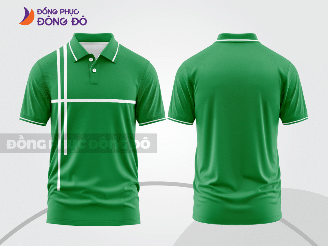Áo polo đồng phục doanh nghiệp màu xanh lá phối kẻ trắng ctpb1489