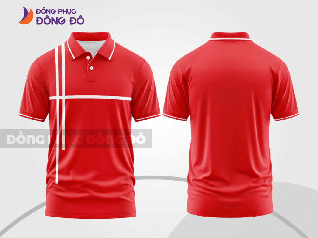 Áo polo đồng phục doanh nghiệp màu đỏ tươi phối sọc trắng CTPB1493