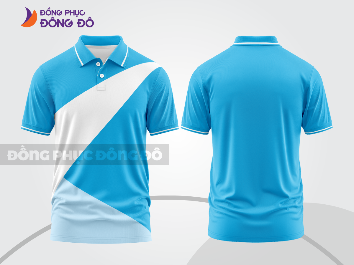 Mẫu thiết kế áo polo basic đồng phục doanh nghiệp đẹp màu xanh cyan phối trắng ctpb2190