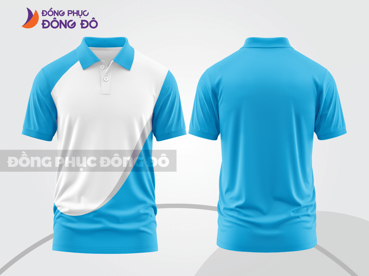 Mẫu thiết kế áo polo basic đồng phục doanh nghiệp đẹp màu xanh cyan phối trắng ctpb3766