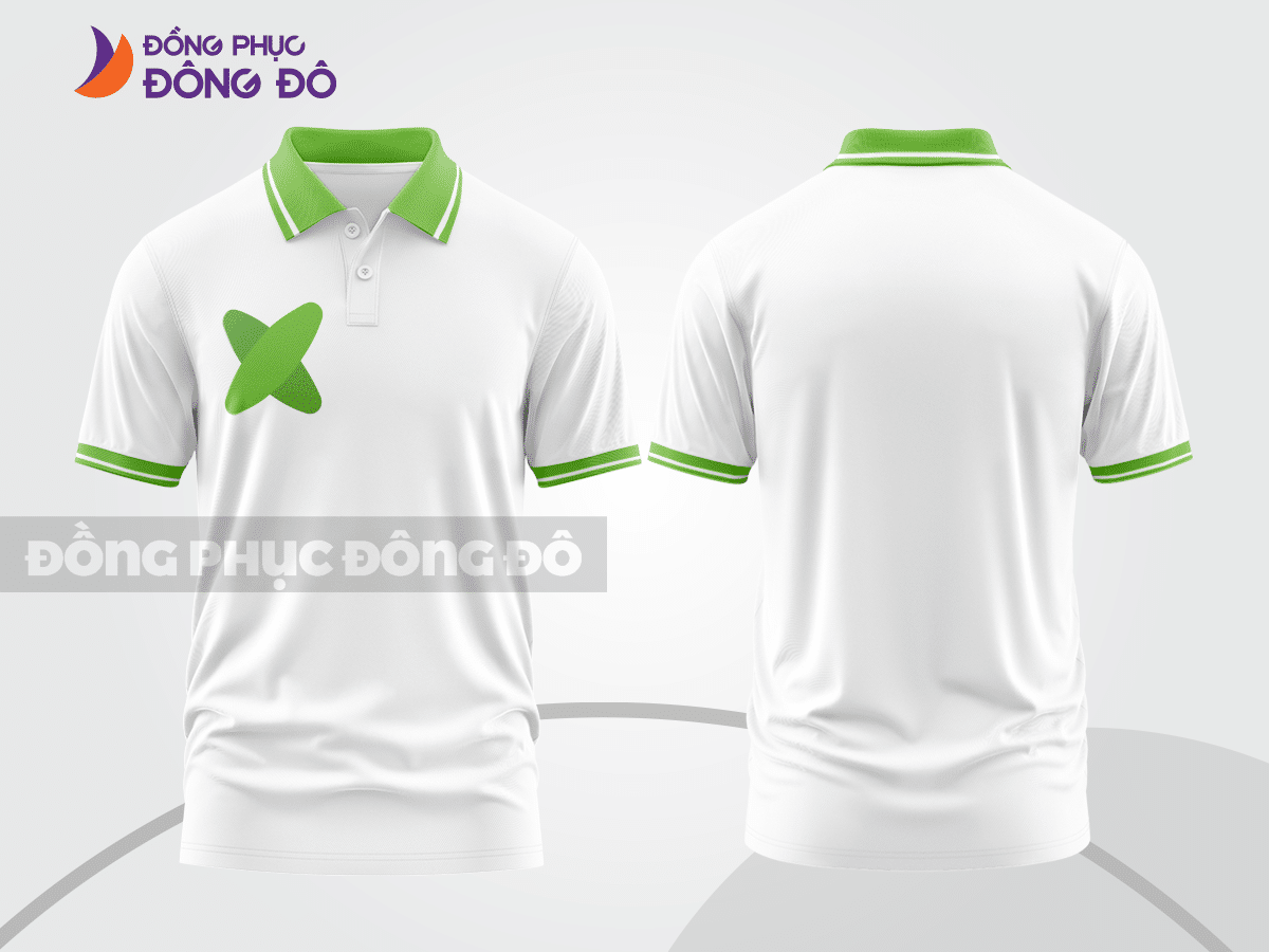 Mẫu áo polo basic đồng phục doanh nghiệp màu trắng phối xanh lá non ctpb4221
