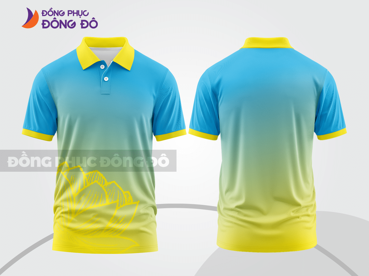 Mẫu polo basic đồng phục nhân viên màu xanh cyan phối vàng ctpb4855