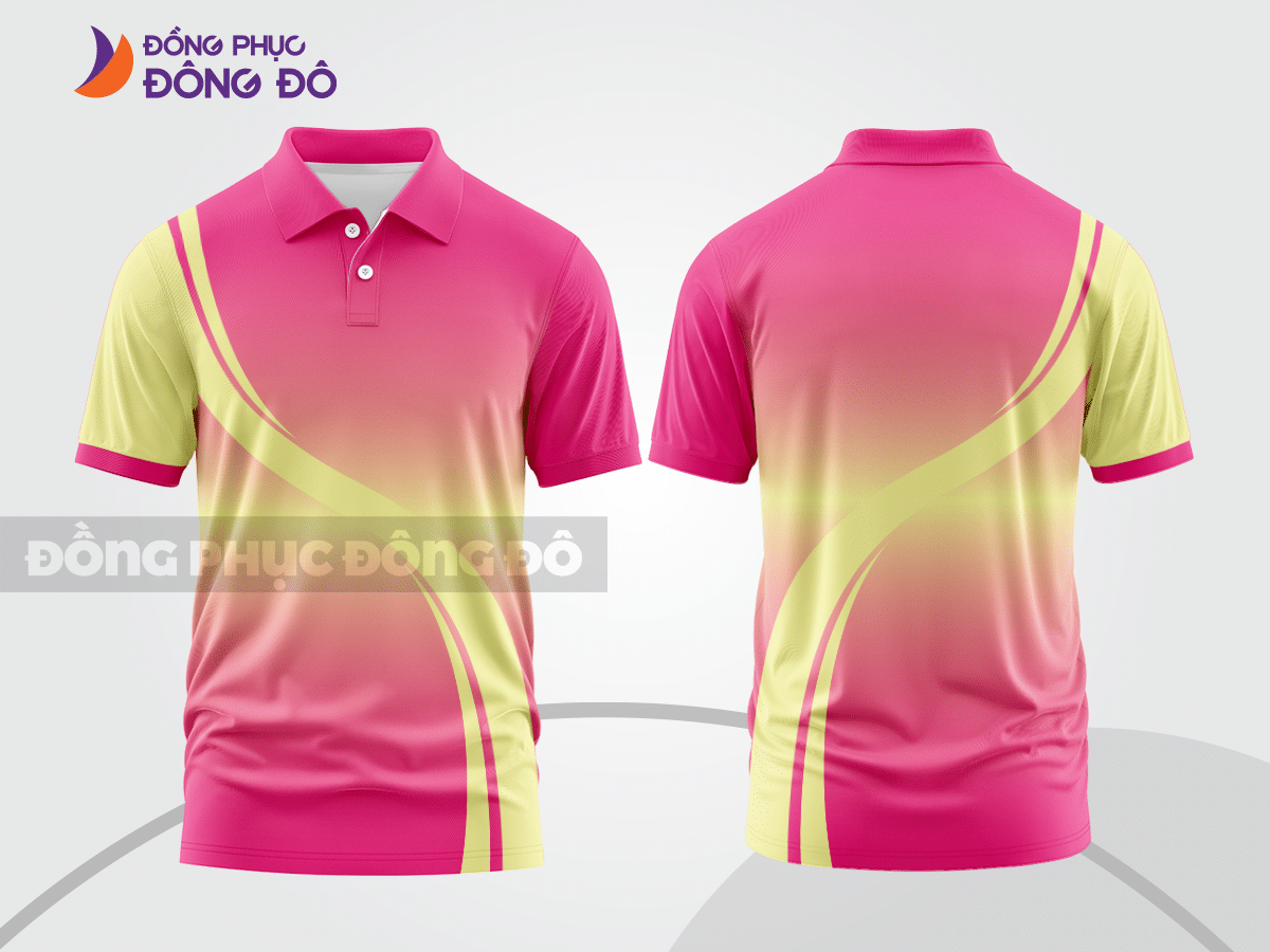 Mẫu đồng phục áo polo basic văn phòng màu hồng cánh sen phối vàng ctpb4863