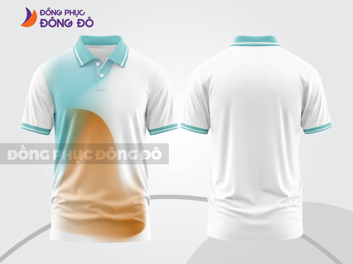 Mẫu áo thun polo basic đồng phục công ty đẹp màu trắng phối xanh da trời và cam ctpb4936