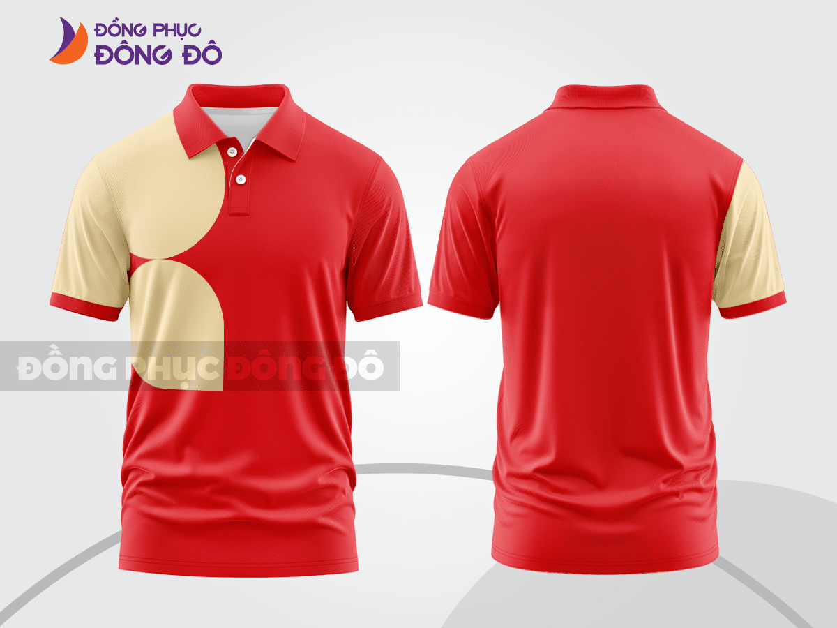 Mẫu polo basic đồng phục nhân viên màu đỏ phối kem họa tiết oval ctpb5023
