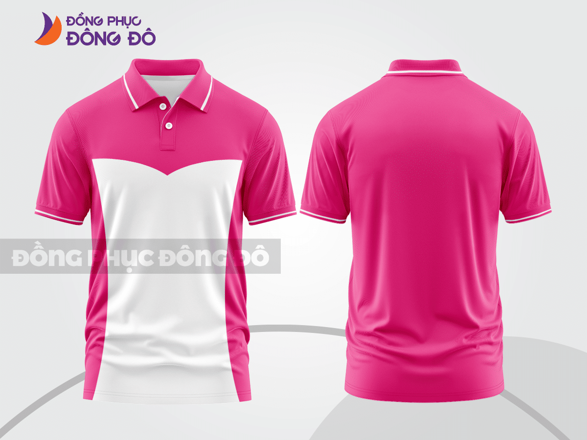 Mẫu polo basic đồng phục công sở màu hồng cánh sen phối trắng họa tiết line nhánh ctpb5145
