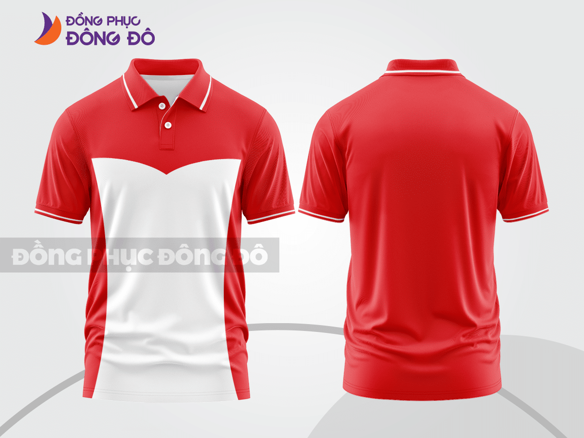 Mẫu áo thun polo basic đồng phục công ty màu đỏ phối trắng họa tiết line nhánh ctpb5147