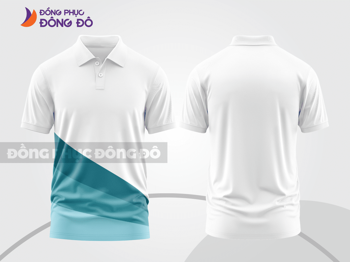 Mẫu áo polo basic đồng phục doanh nghiệp màu trắng phối xanh cyan họa tiết chéo ctpb5339