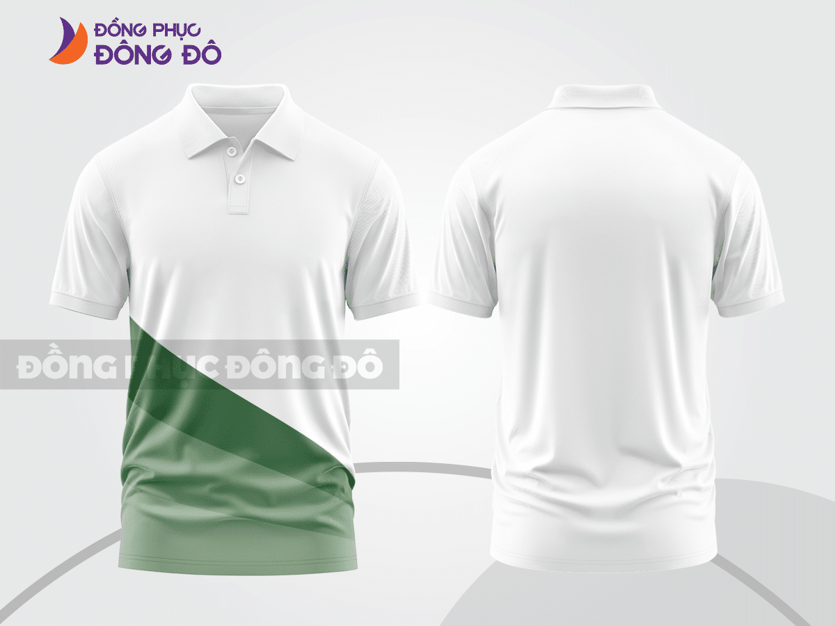 Mẫu áo polo basic đồng phục công ty màu trắng phối xanh rêu họa tiết chéo ctpb5340