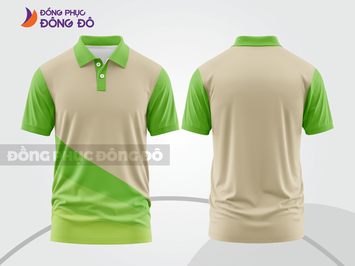 Mẫu áo thun polo basic đồng phục văn phòng màu kem phối xanh lá họa tiết chéo ctpb5352