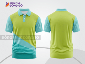 Mẫu áo thun polo basic đồng phục nhân viên màu xanh cyan phối xanh chuối họa tiết chéo ctpb5366