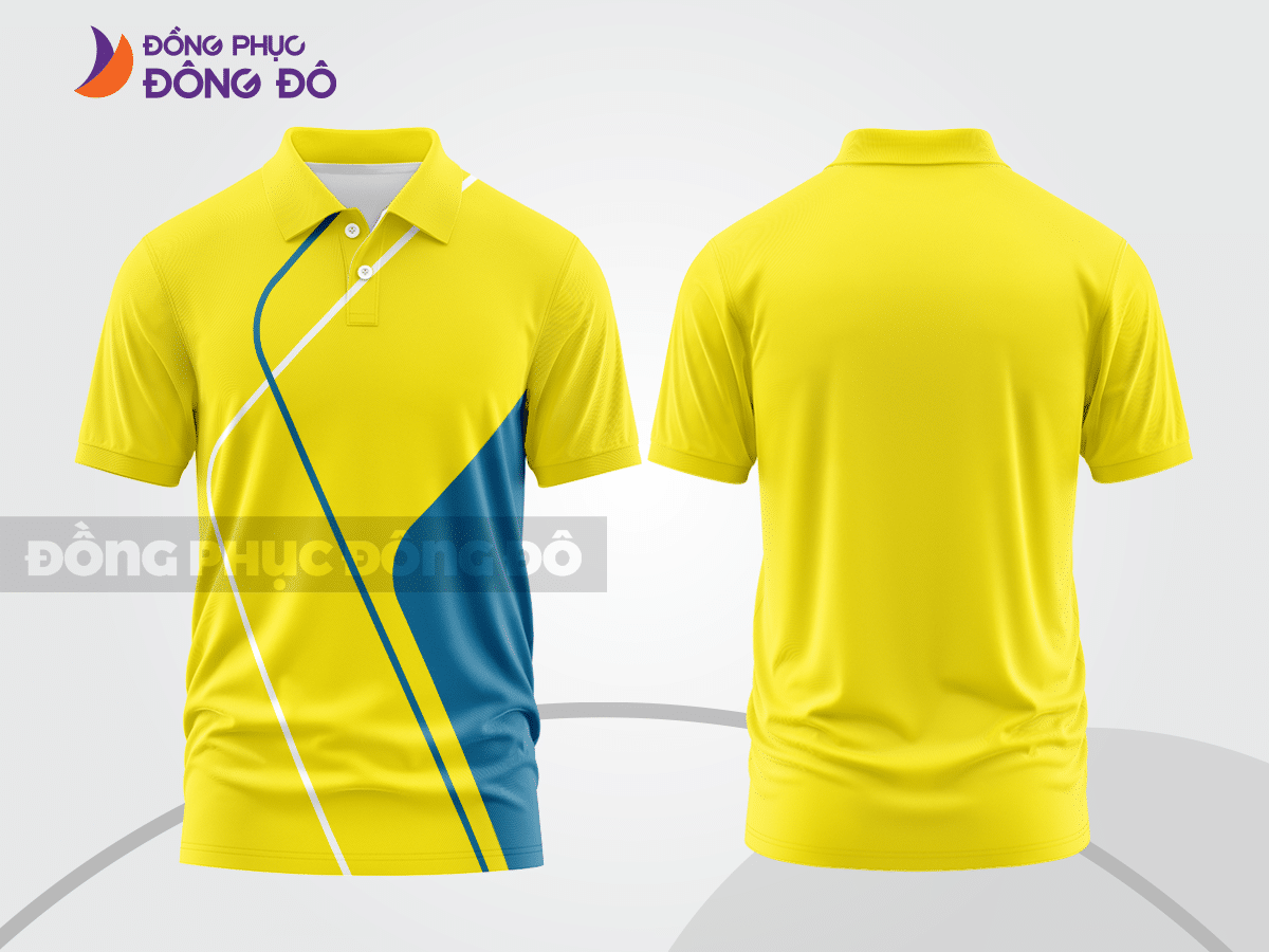 Mẫu áo thun polo basic đồng phục công sở màu vàng phối xanh dương họa tiết line chéo ctpb5421