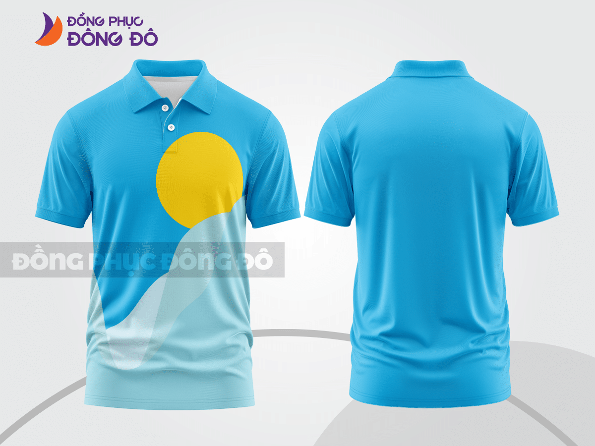 Mẫu áo thun polo basic đồng phục nhân viên màu xanh cyan phối vàng họa tiết oval ctpb5424