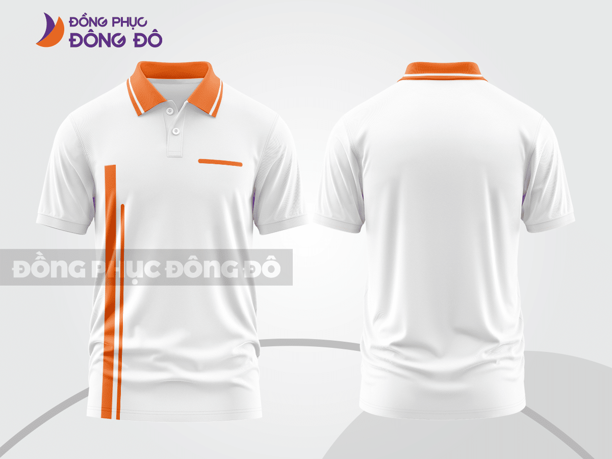 Mẫu polo basic đồng phục doanh nghiệp màu trắng phối cam kẻ dọc ctpb5522