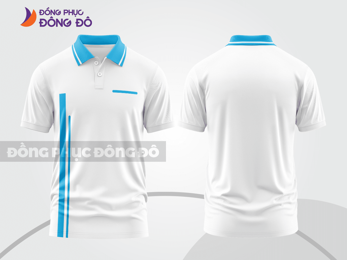 Mẫu áo polo basic đồng phục nhân viên màu trắng phối xanh cyan kẻ dọc ctpb5523