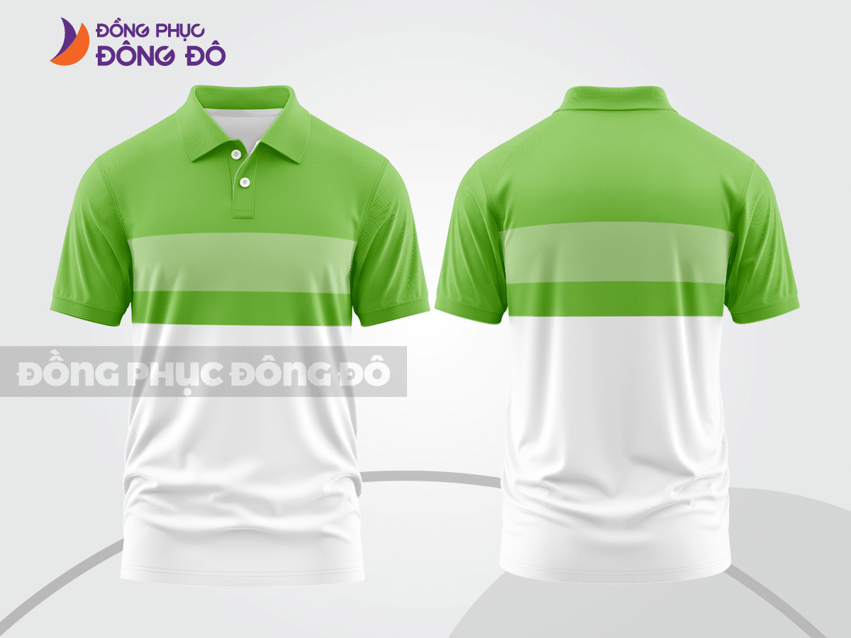 Mẫu áo polo basic đồng phục công ty màu xanh lá non phối trắng ngang ngực ctpb5546