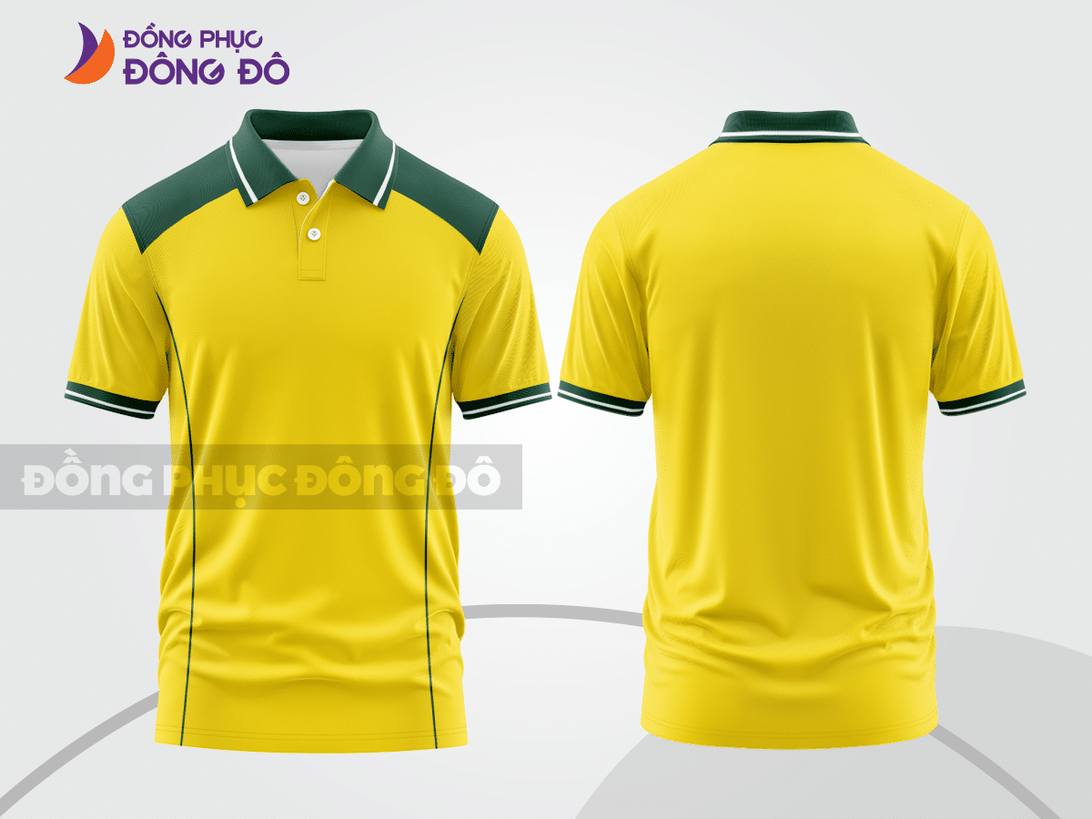 Mẫu polo basic đồng phục doanh nghiệp màu vàng phối xanh lá mảng vai ctpb5609