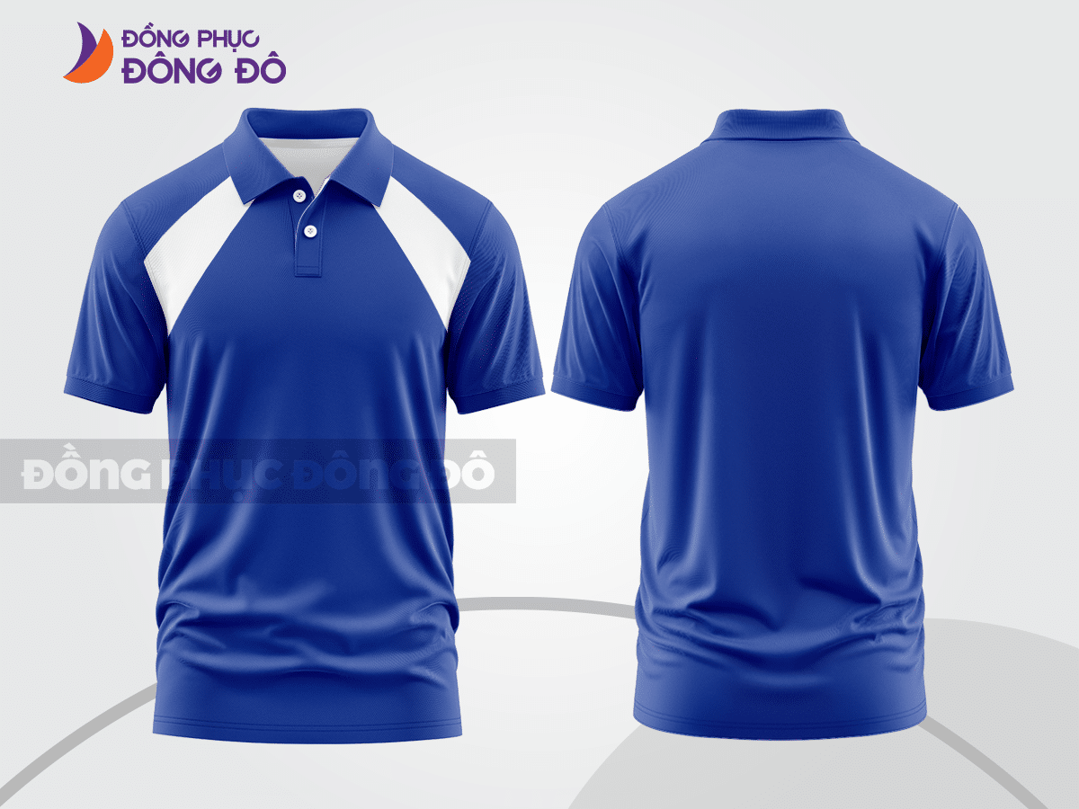 Mẫu áo polo basic đồng phục nhân viên màu xanh dương phối trắng mảng vai ctpb5629