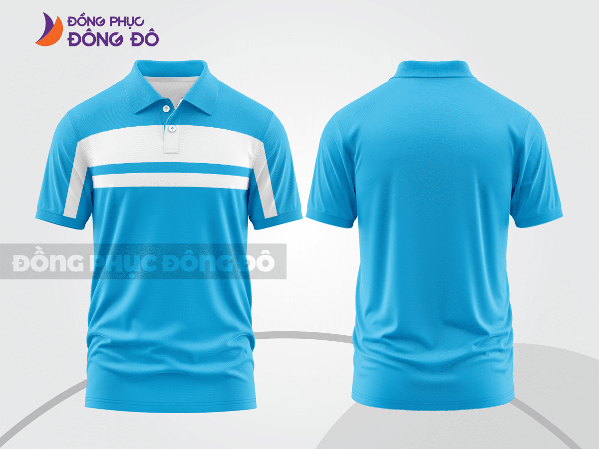 Mẫu áo thun polo basic đồng phục nhân viên màu xanh cyan phối trắng kẻ ngang ctpb5649