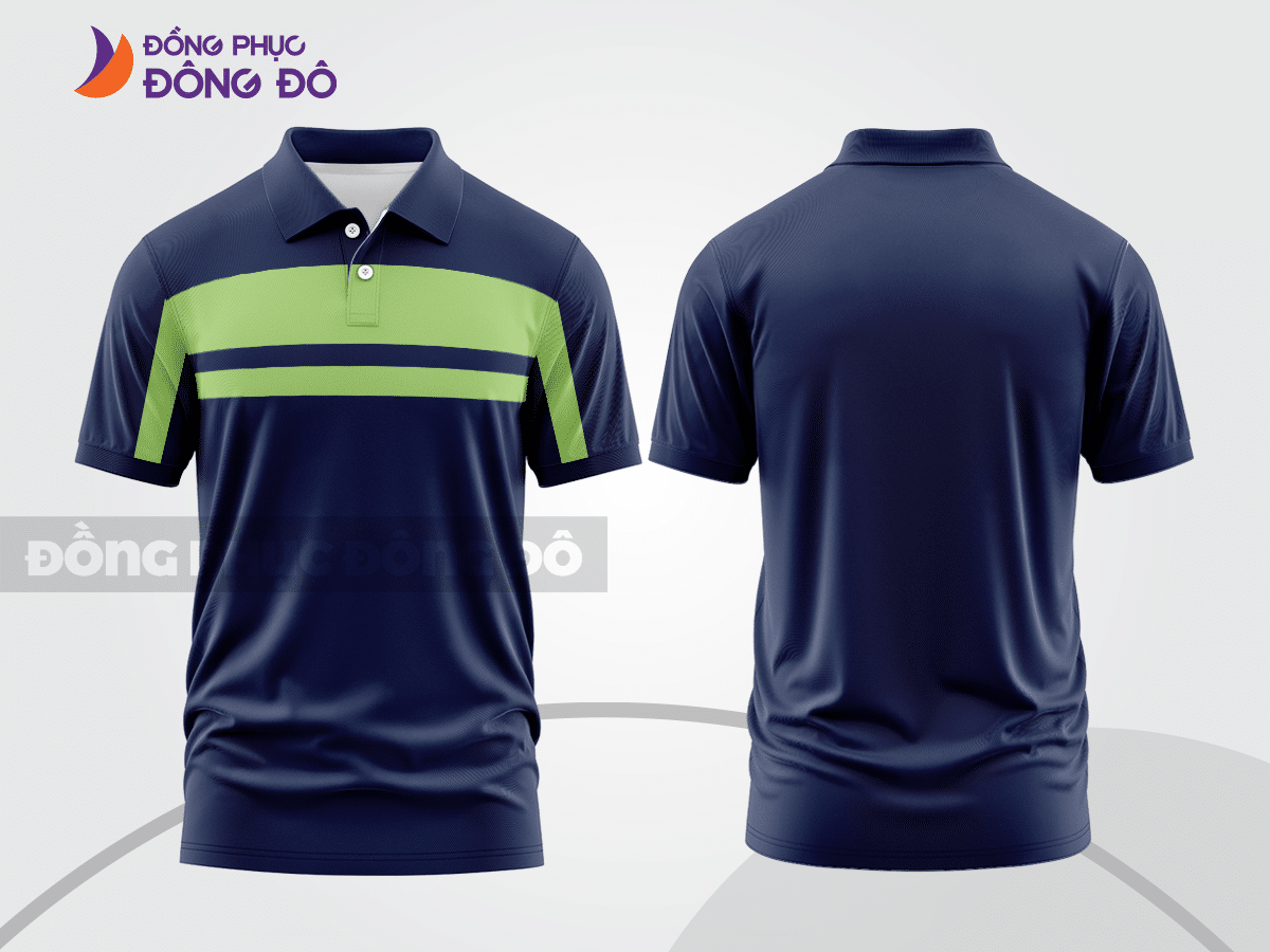 Mẫu áo thun polo basic đồng phục công ty màu xanh navy phối xanh chuối kẻ ngang ngực ctpb5673