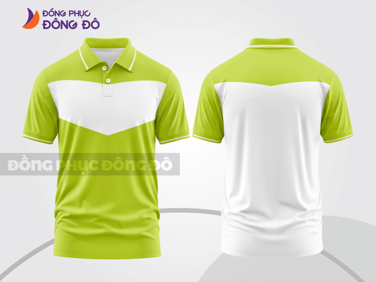 Mẫu áo thun polo basic đồng phục công ty màu xanh chuối phối trắng kẻ ngang ngực ctpb5788