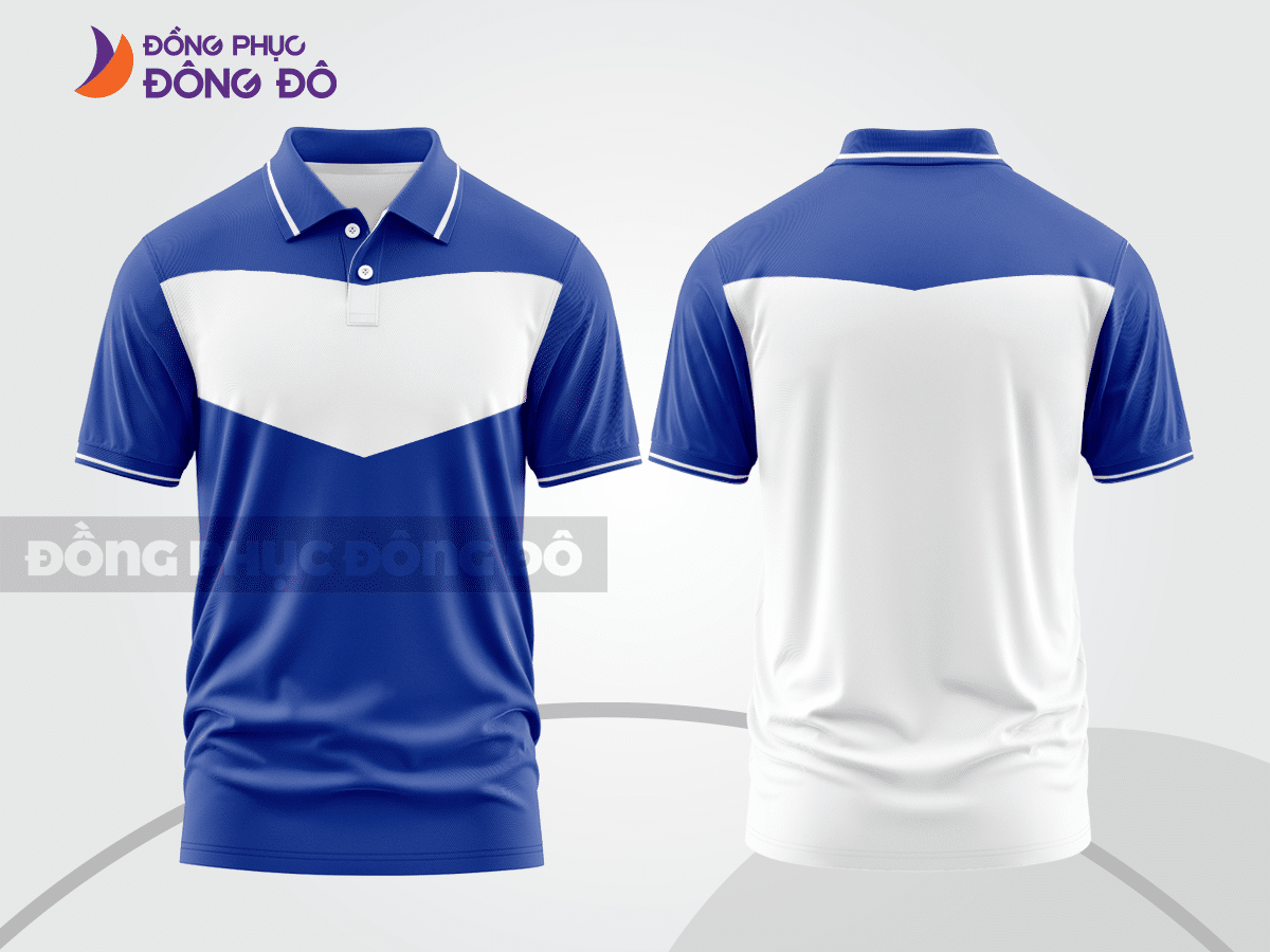 Mẫu polo basic đồng phục doanh nghiệp màu xanh dương phối trắng kẻ ngang ngực ctpb5789