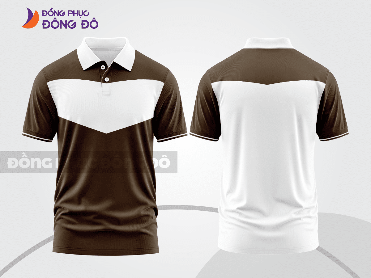 Mẫu áo polo basic đồng phục nhân viên màu nâu phối trắng kẻ ngang ngực ctpb5790