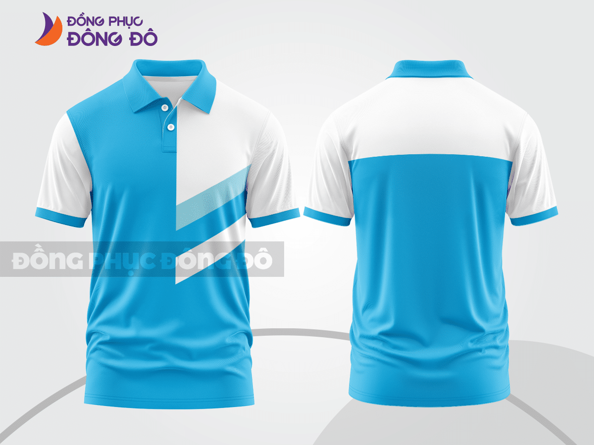 Mẫu polo basic đồng phục công ty màu xanh cyan phối trắng kẻ ngang ngực ctpb5793