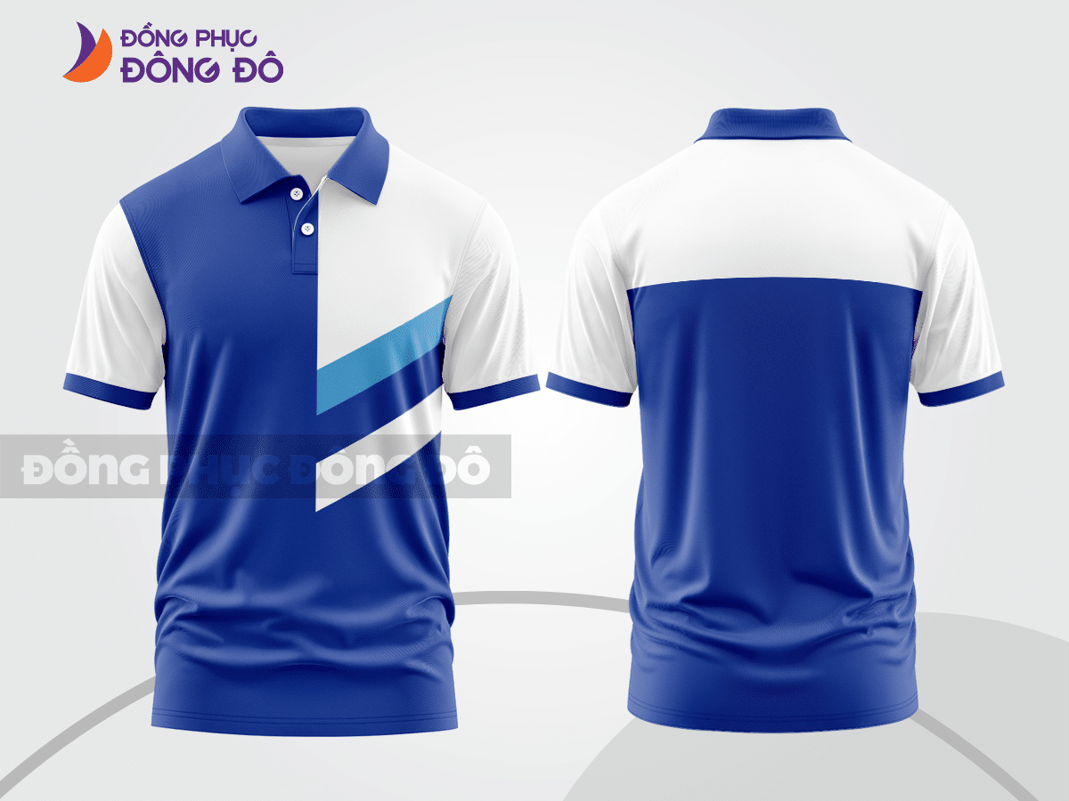 Mẫu áo polo basic đồng phục doanh nghiệp màu xanh dương phối trắng kẻ ngang ngực ctpb5794