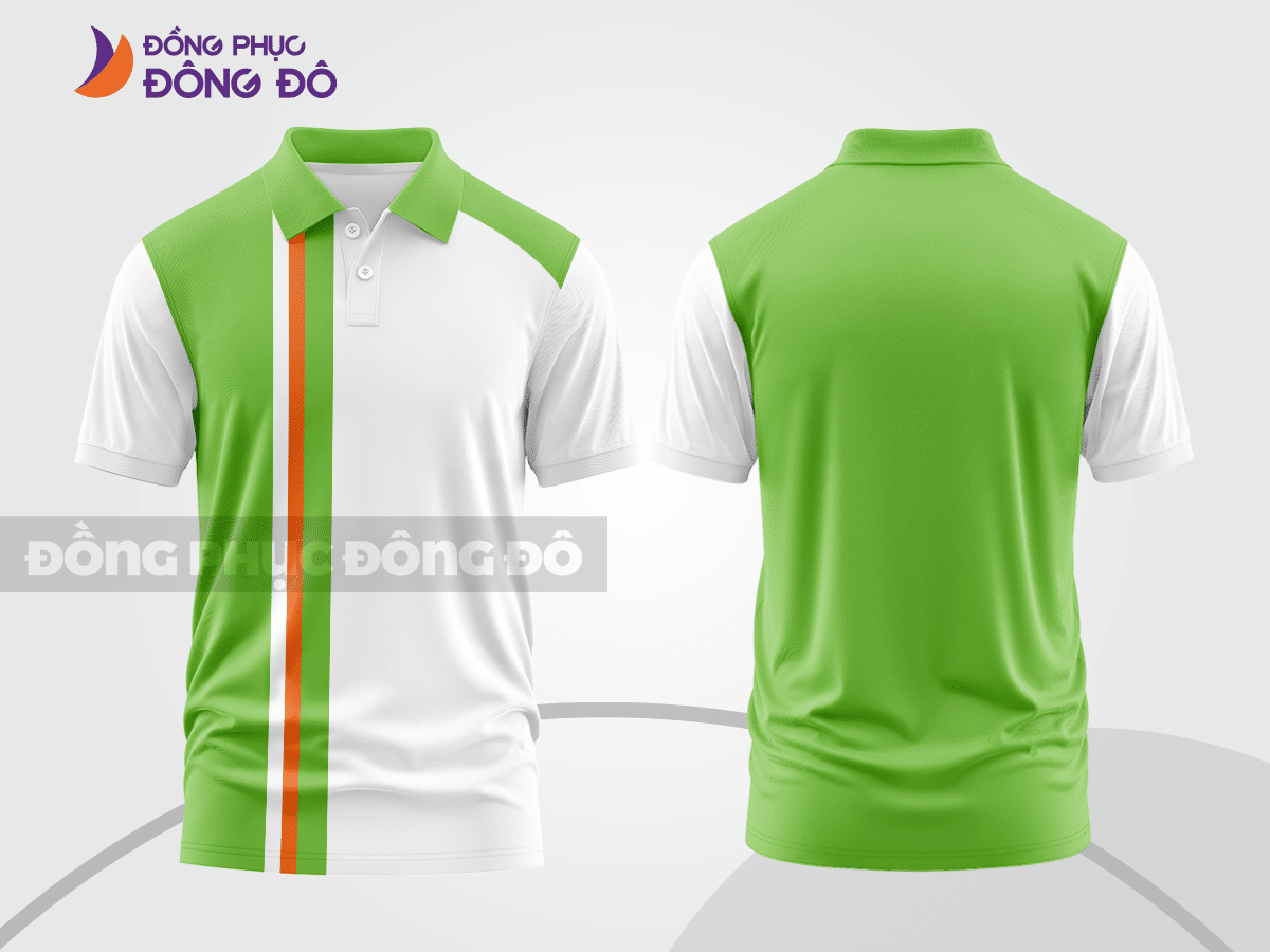 Mẫu polo basic đồng phục công ty màu xanh lá non phối trắng kẻ dọc lệch ctpb5830