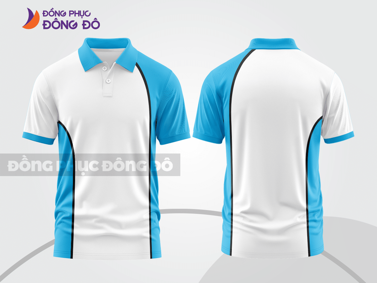 Mẫu áo polo basic đồng phục nhân viên màu trắng phối xanh cyan mảng vai ctpb5885