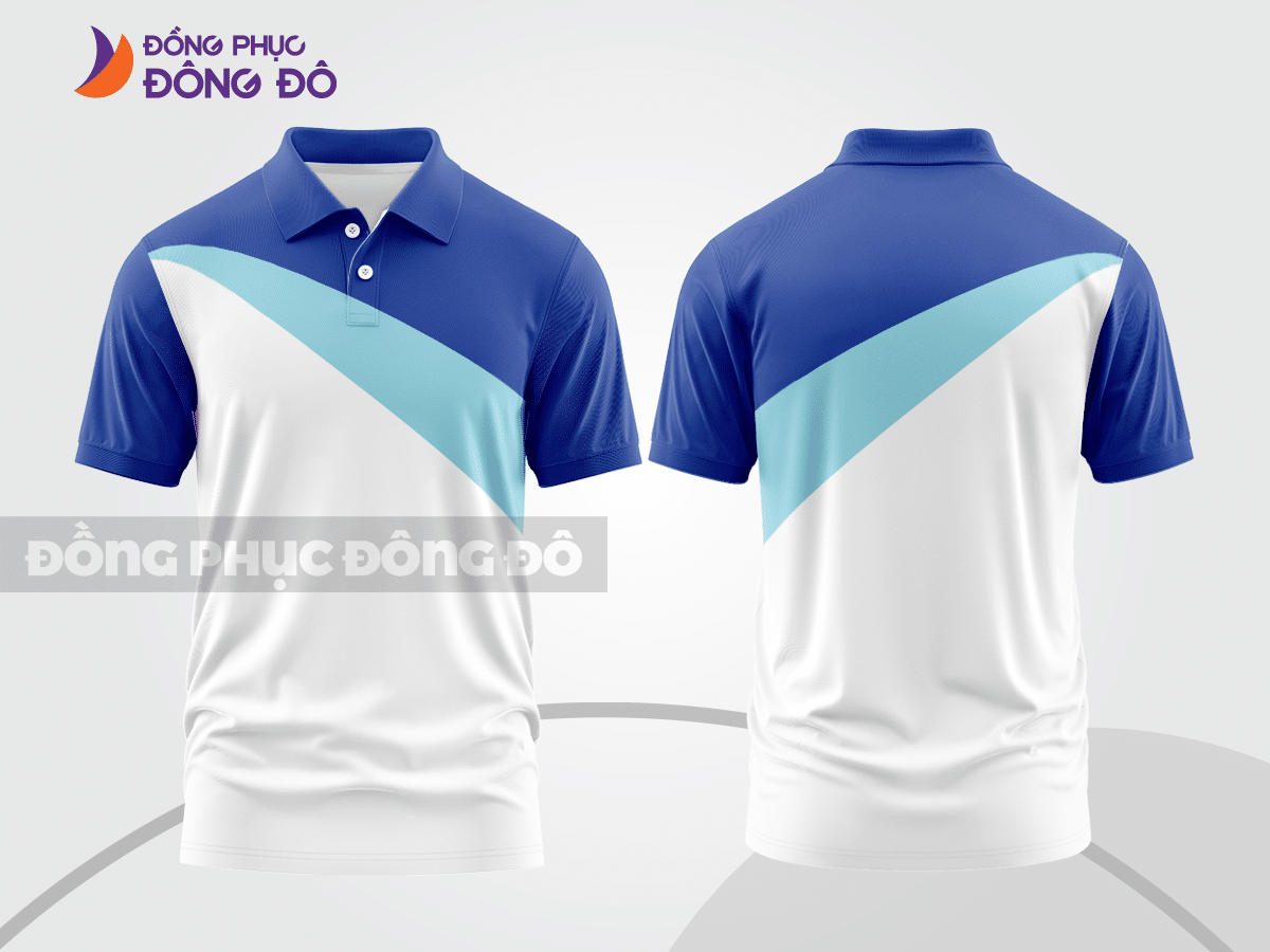 Mẫu áo polo basic đồng phục văn phòng màu xanh dương phối trắng mảng vai ctpb5944