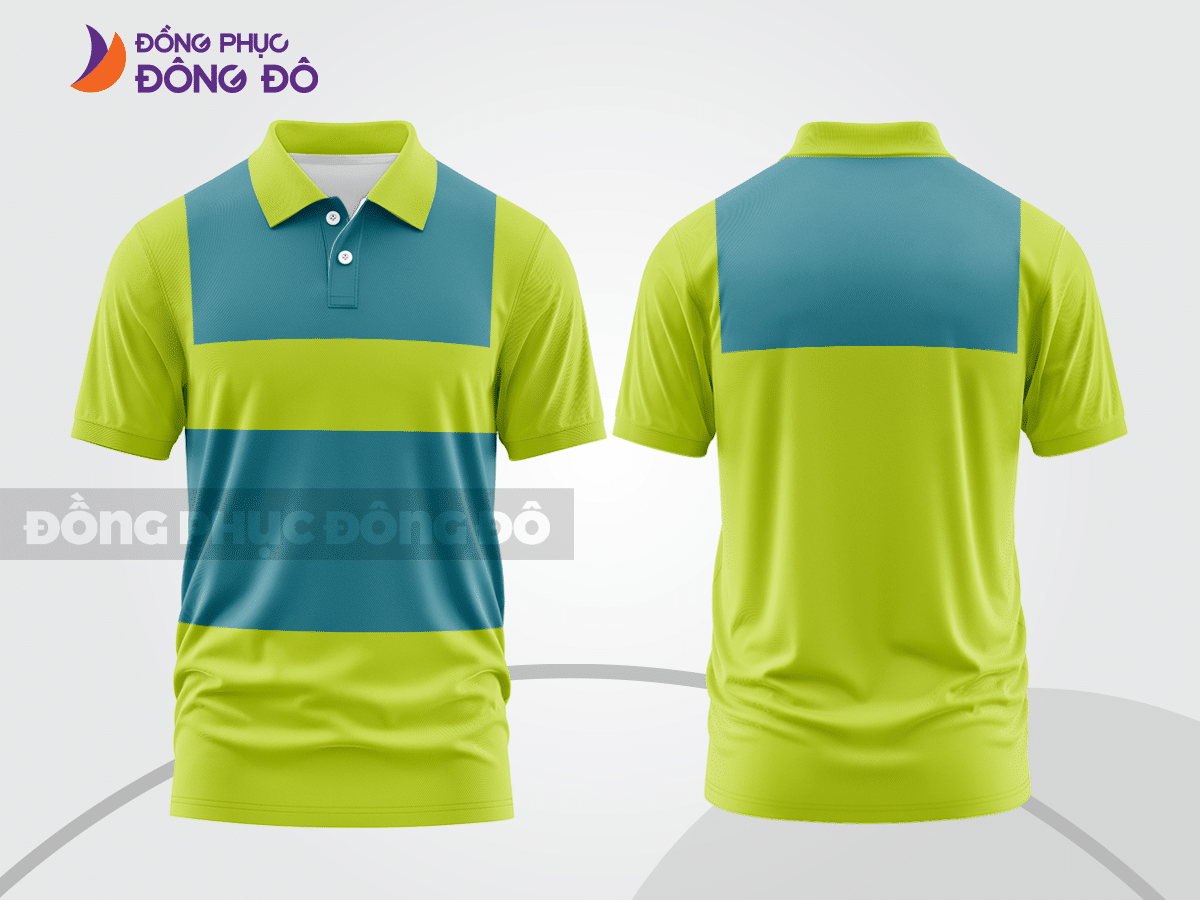 Mẫu polo basic đồng phục doanh nghiệp màu xanh chuối phối xanh dương kẻ ngang ngực ctpb6006