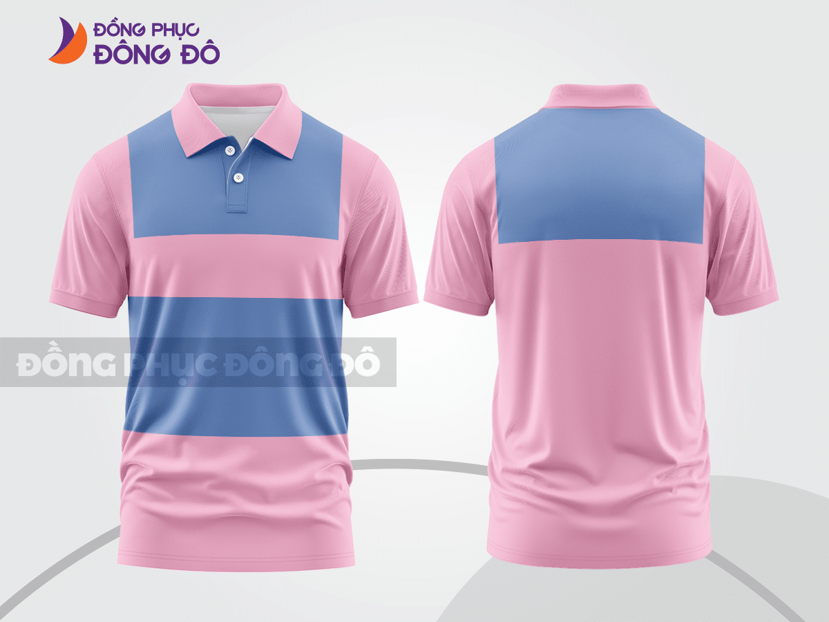 Mẫu áo thun polo basic đồng phục doanh nghiệp màu hồng phấn phối xanh dương kẻ ngang ngực ctpb6011