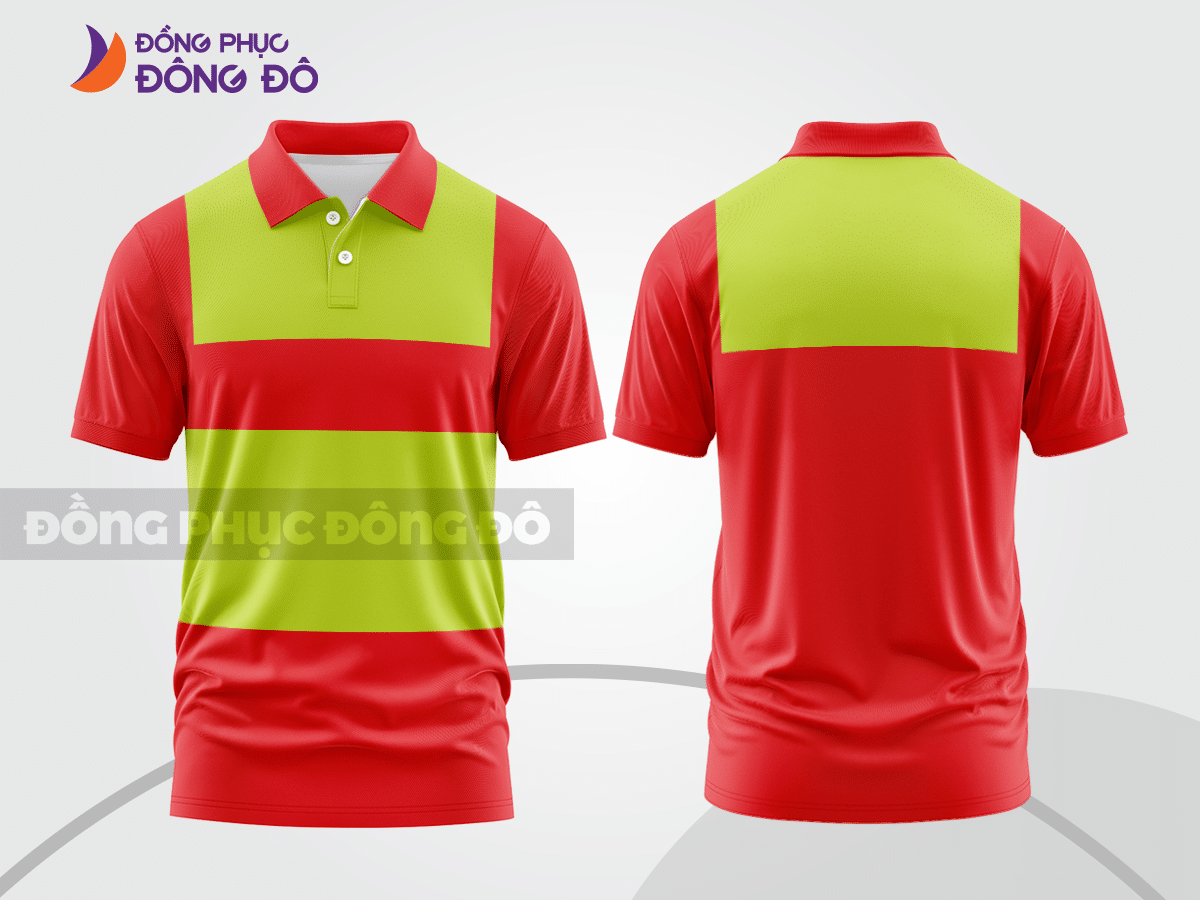 Mẫu polo basic đồng phục nhân viên màu đỏ phối xanh chuối kẻ ngang ngực ctpb6012