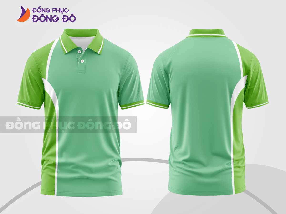 Mẫu áo polo basic đồng phục nhân viên màu xanh lá non phối trắng kẻ dọc ctpb6047