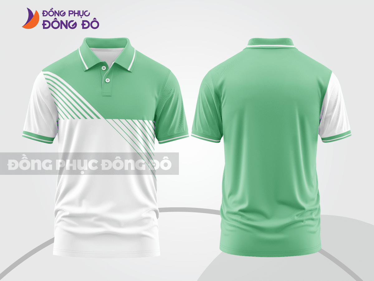 Mẫu áo polo basic đồng phục công sở màu xanh bạc hà phối trắng mảng vai ctpb6266